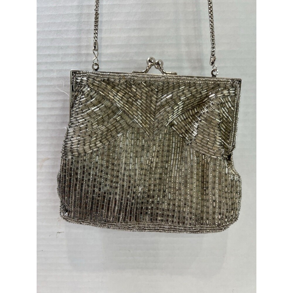Magid Silver Beaded Art Deco Geometric Evening Purse Vintage KISS Lock Closure